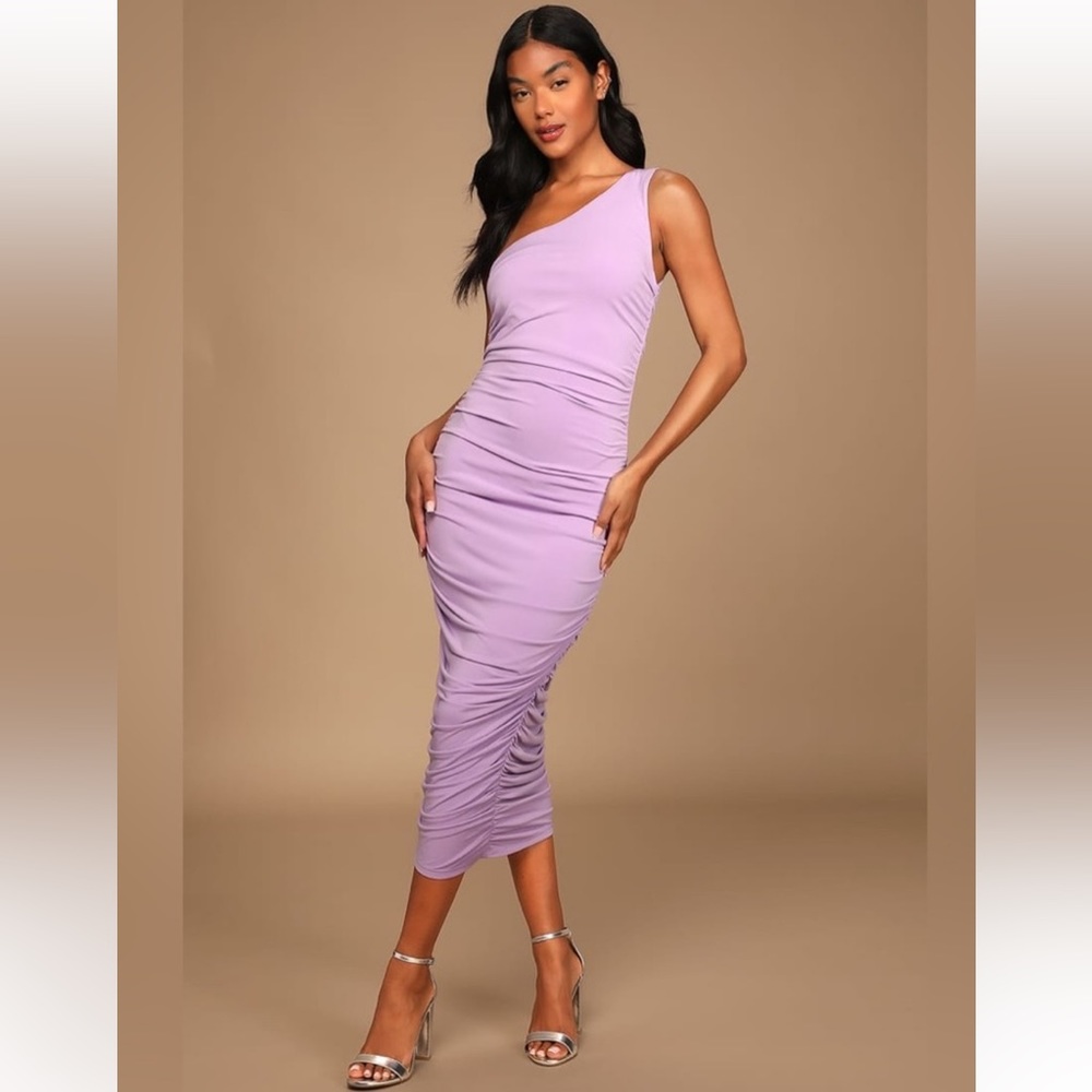 Lulu’s Total Appeal Lavender Ruched One Shoulder Bodycon Midi Dress Size XL